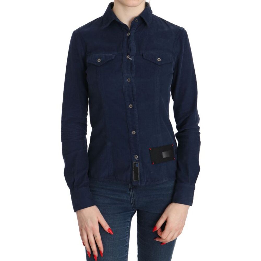 Acht Cotton Blue Corduroy Long Sleeves Shirt Top Women's Blouse